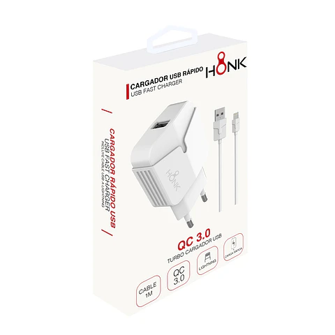 Cargador Pared y Cable Lightning Honk QC3.0
