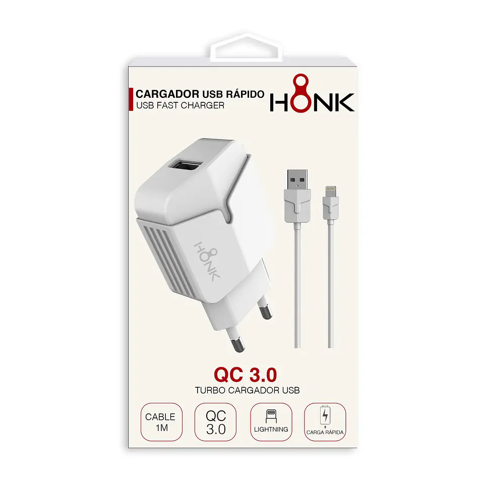 Cargador Pared y Cable Lightning Honk QC3.0 3