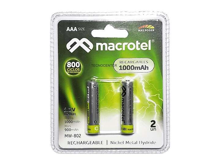 Pack 2 Pilas Recargables AAA Macrotel 1000mha 1