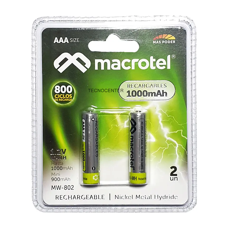 Pack 2 Pilas Recargables AAA Macrotel 1000mha 1