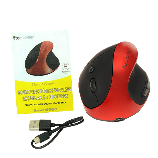 Mouse Ergonómico Tecmaster Inalámbrico Recargable Negro/Rojo