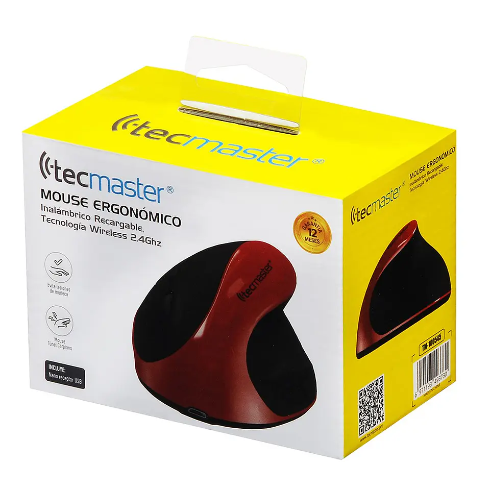 Mouse Ergonómico Tecmaster Inalámbrico Recargable Negro/Rojo TM-100545 5