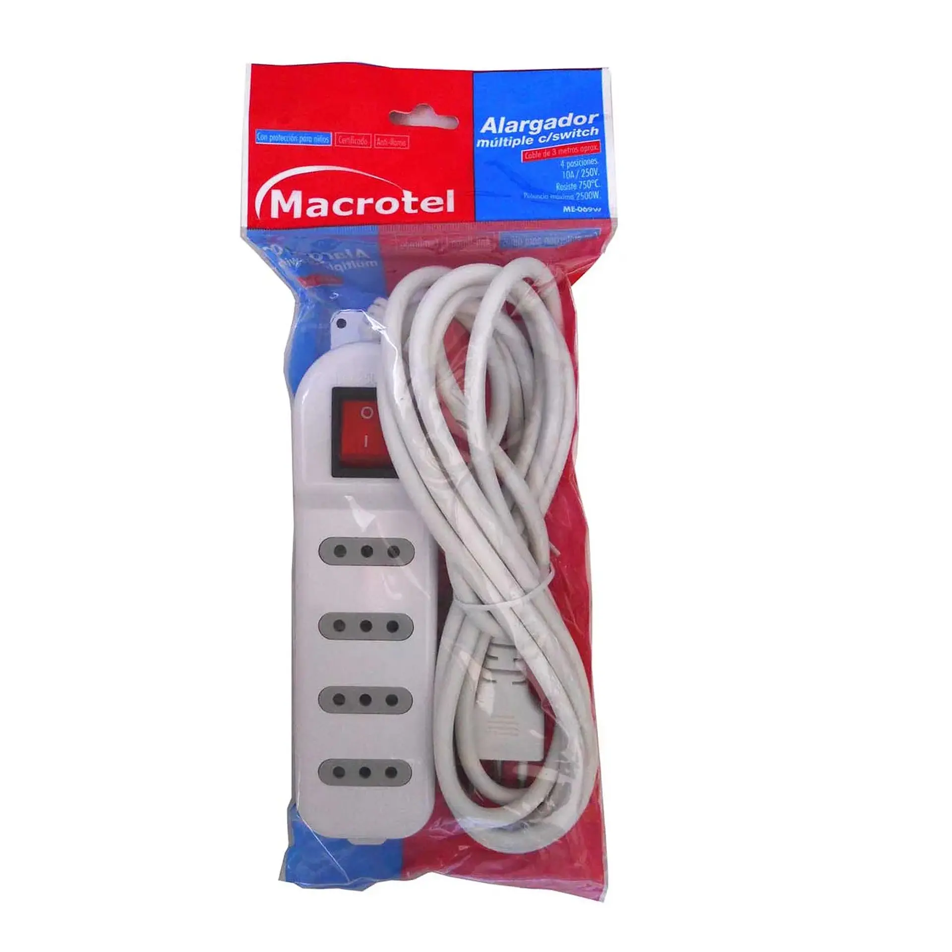 Alargador Electrico Macrotel 3 Mts 4 Pos Blanco Switch ME-069W 3