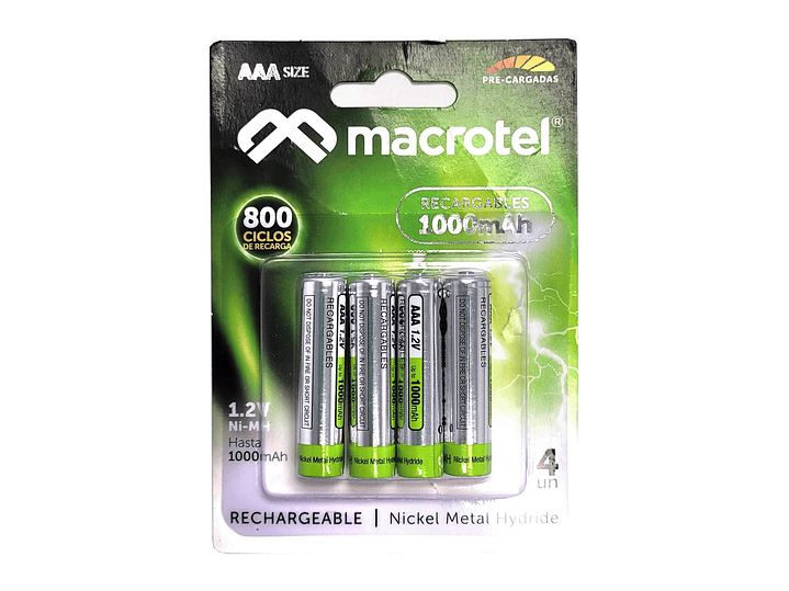 Pack 4 Pilas AAA Recargables Macrotel 1000mha MW-800 1