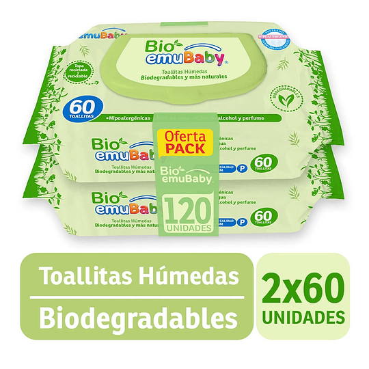 Toallitas Húmedas Emuwipes Bio 99% Agua 120 Un