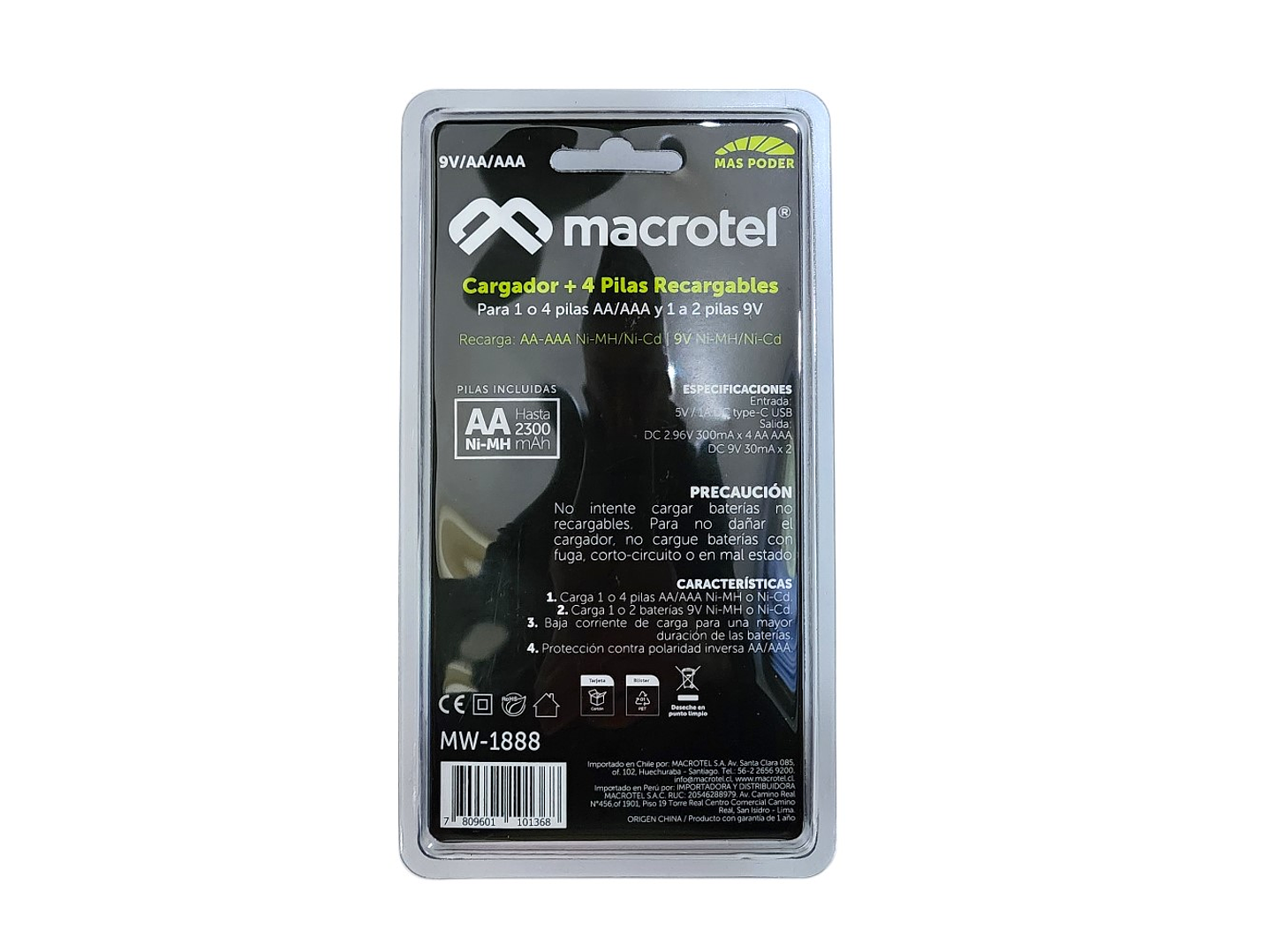 Pack Cargador USB-C con 4 pilas AA Macrotel 2300mha 2