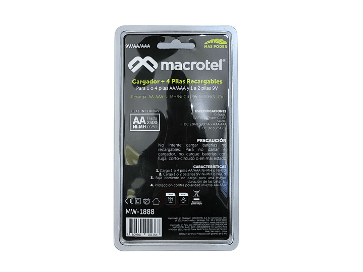 Pack Cargador USB-C con 4 pilas AA Macrotel 2300mha 2