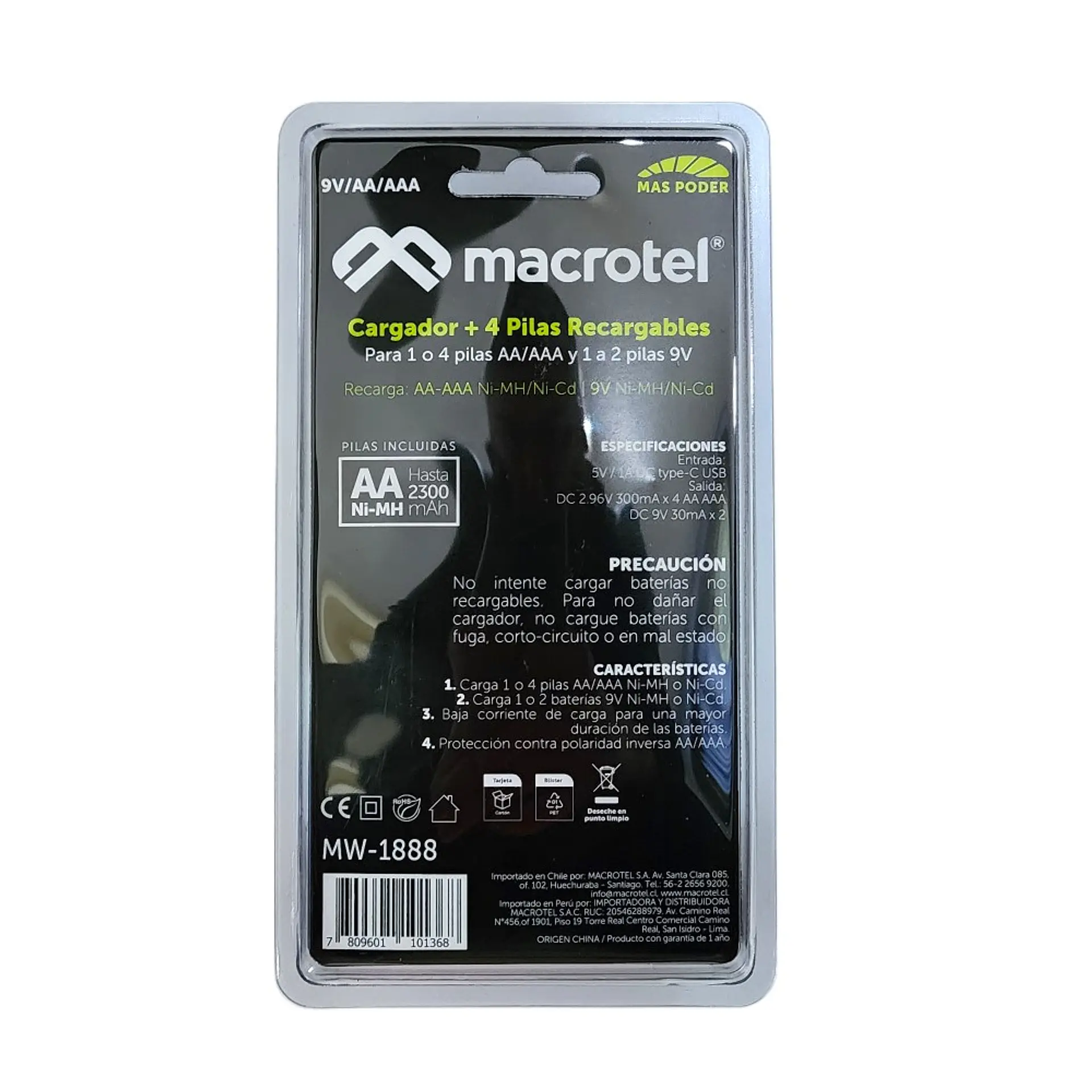 Pack Cargador USB-C con 4 pilas AA Macrotel 2300mha 2
