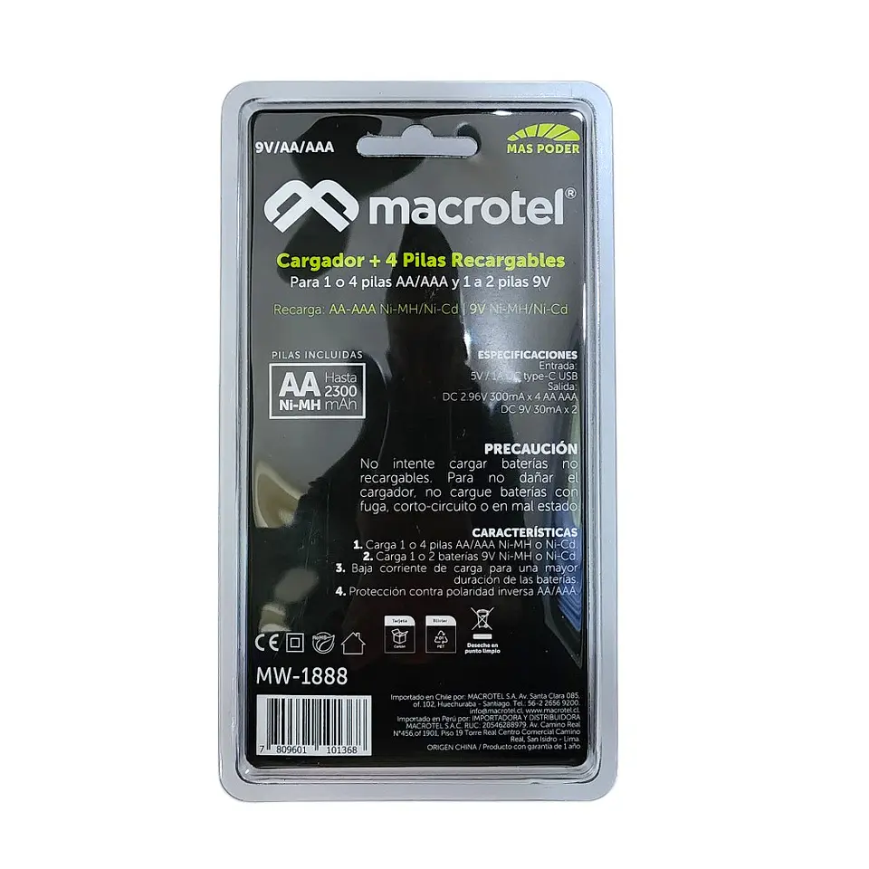 Pack Cargador USB-C con 4 pilas AA Macrotel 2300mha 2