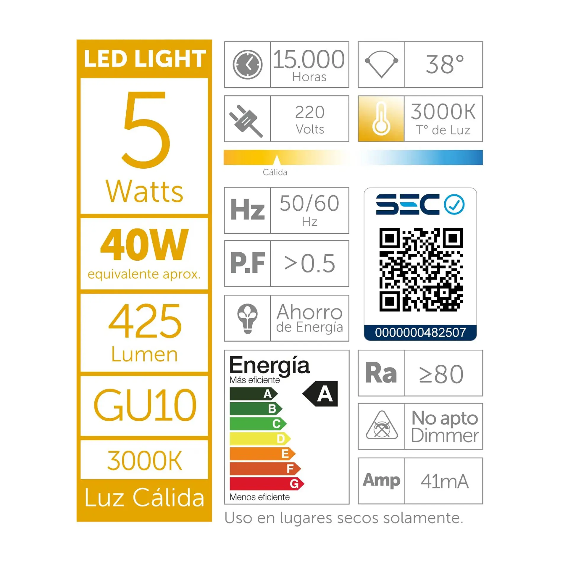 Pack 4 Ampolletas Led Macrotel GU10 5w 3000K Luz Calida 3