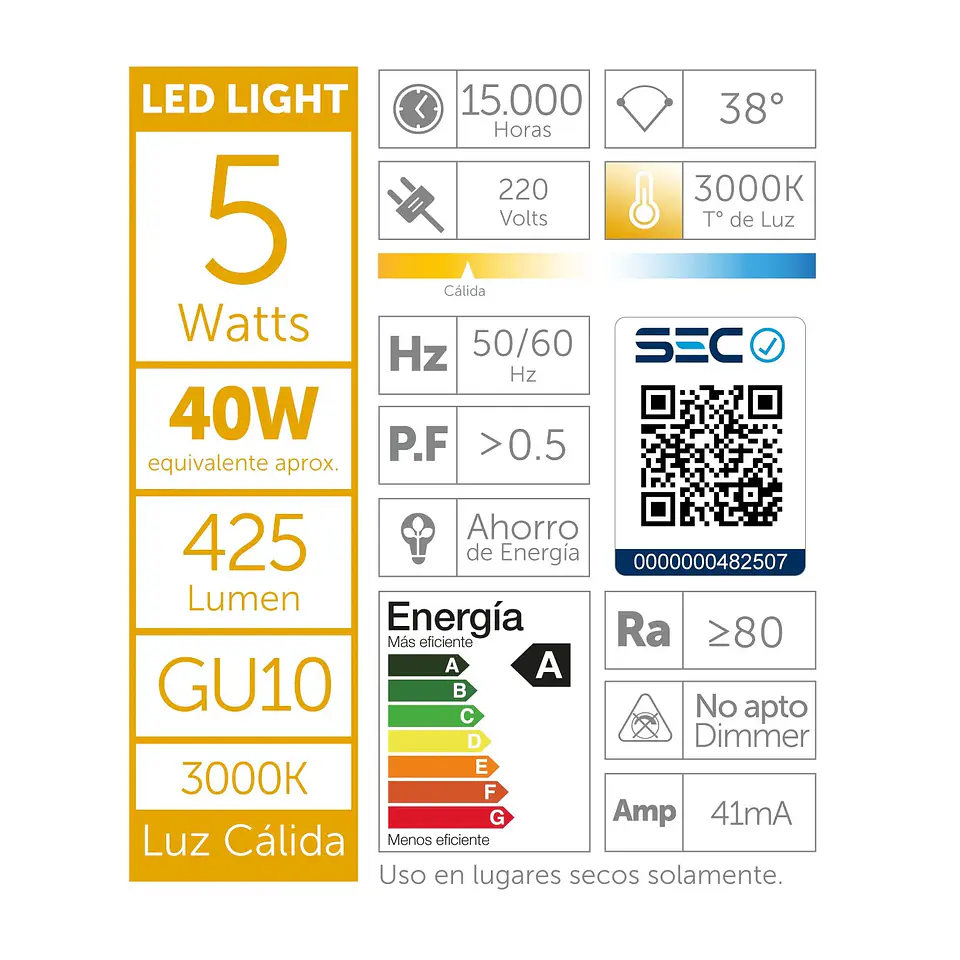 Pack 4 Ampolletas Led Macrotel GU10 5w 3000K Luz Calida 3