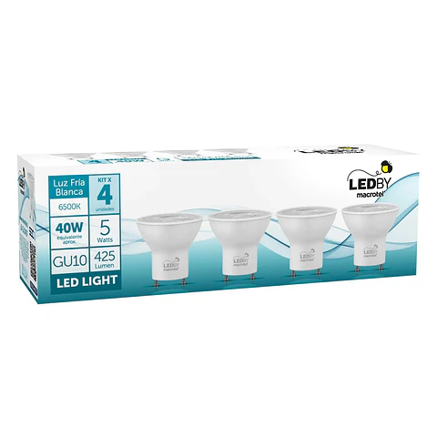 Pack 4 Ampolletas Led Macrotel GU10 5w 6500K Luz Fría