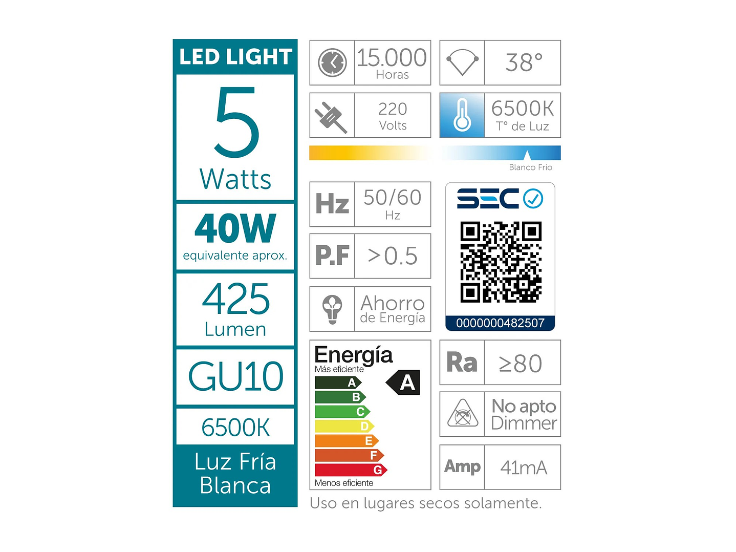 Pack 4 Ampolletas Led Macrotel GU10 5w 6500K Luz Fría 3