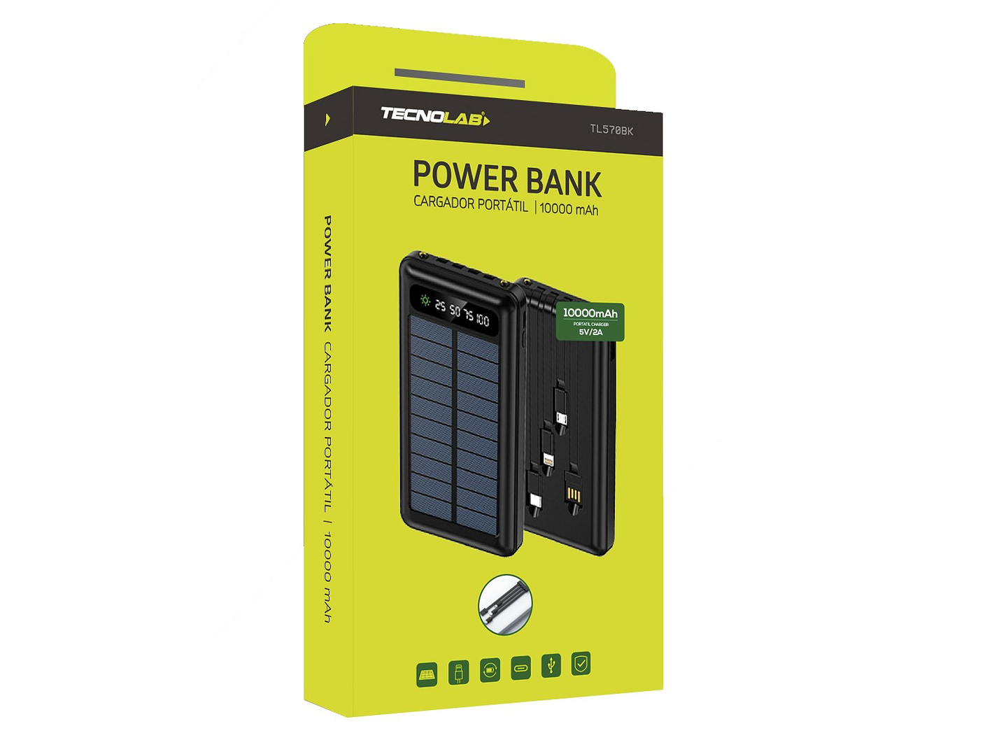 Batería Portátil Solar Power Bank 10.000 Mha Tecnolab TL570BK 5