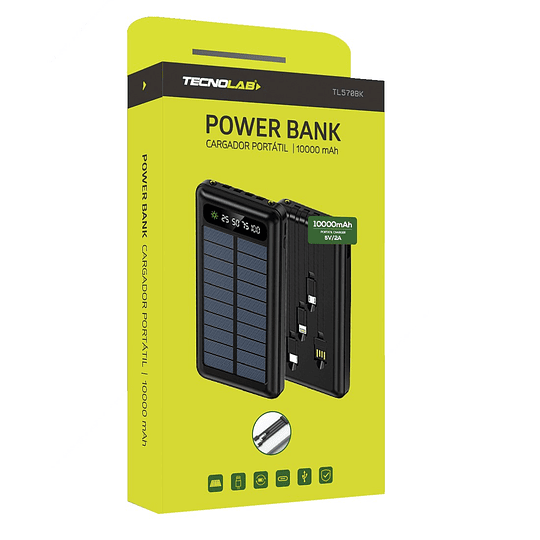 Batería Portátil Solar Power Bank 10.000 Mha Tecnolab TL570BK