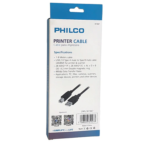 Cable para Impresora USB 2.0 Philco de 1.80 Mt