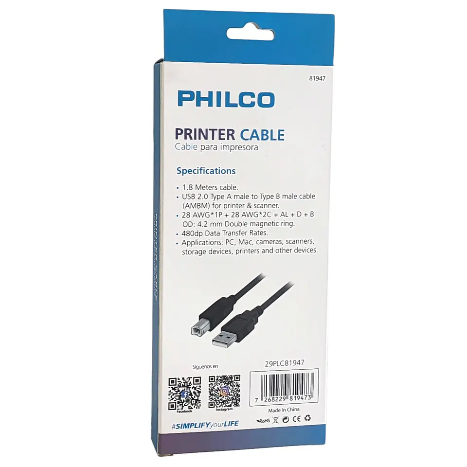 Cable para Impresora USB 2.0 Philco de 1.80 Mt 2