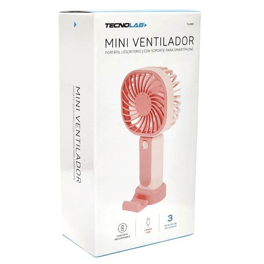 Mini Ventilador Recargable Portátil Rosa Tecnolab TL669P