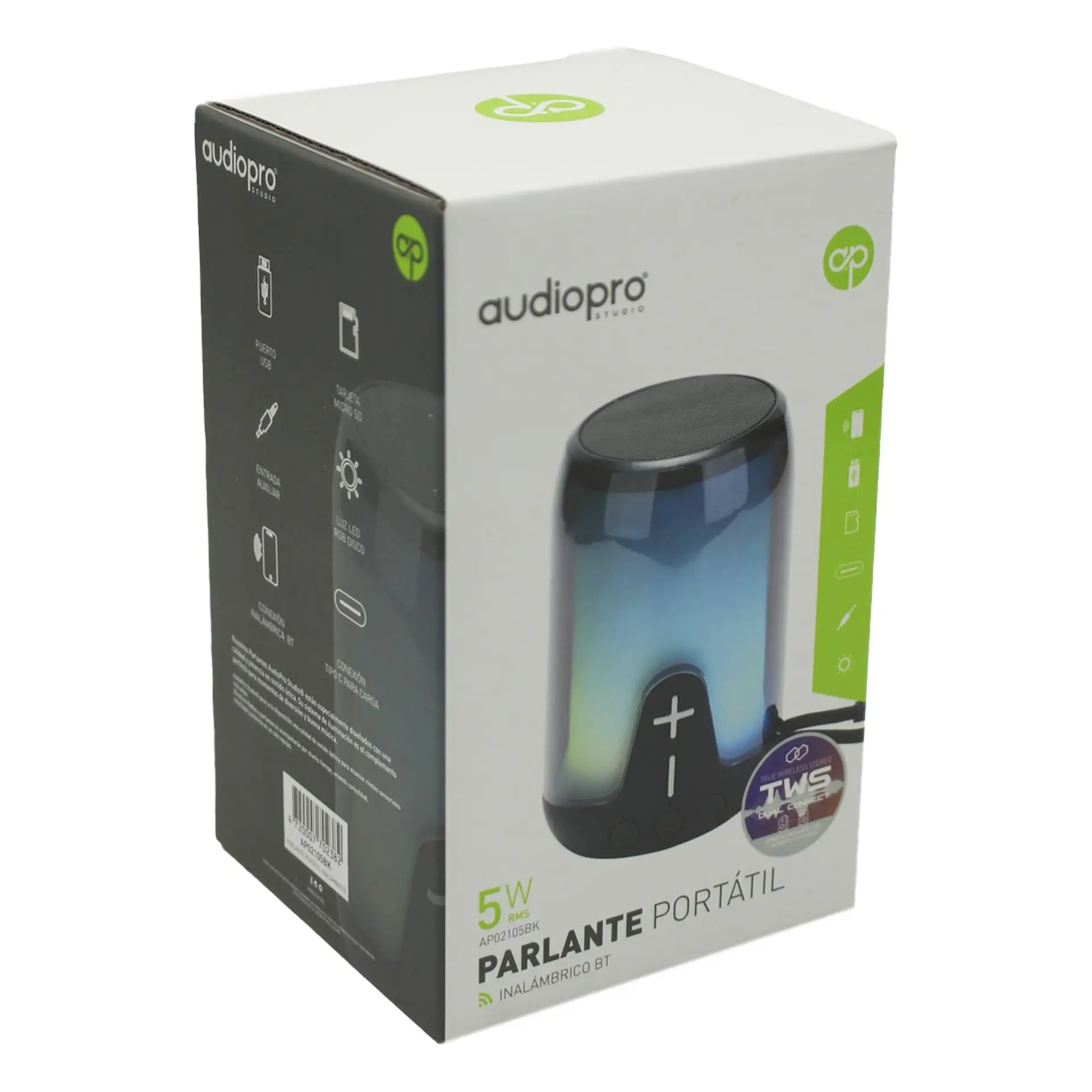 Parlante Portatil BT Led SD/USB/Tipo-C/FM Audiopro AP02105BK 4