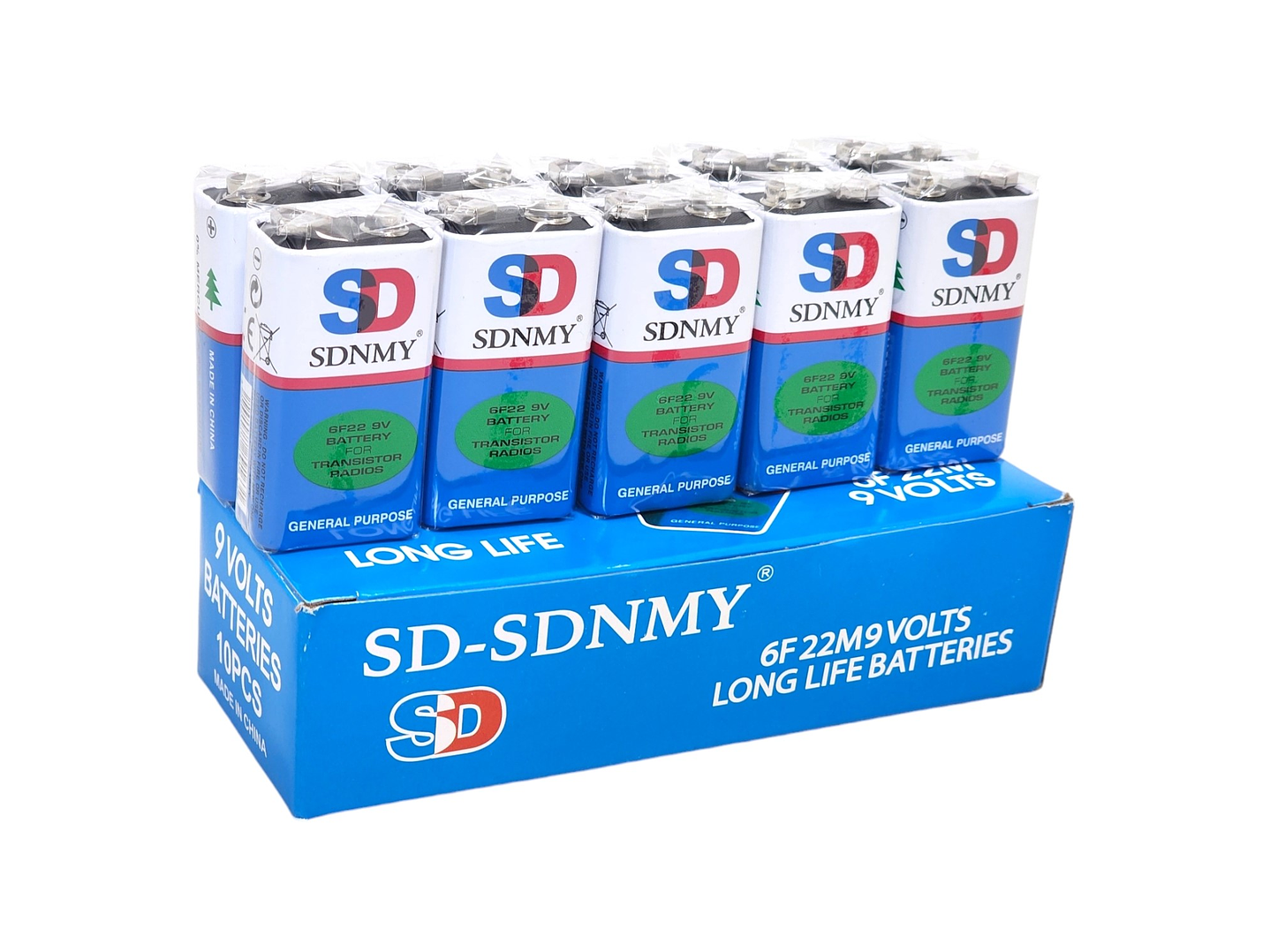 Pack de 10 Baterías 9V SD-SDNMY Long Life 6F22 2