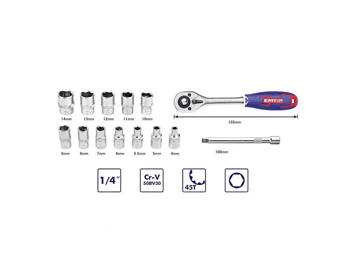 Kit de 14 Piezas Set Dados Ratchet 1/4 45t EMTOP  3
