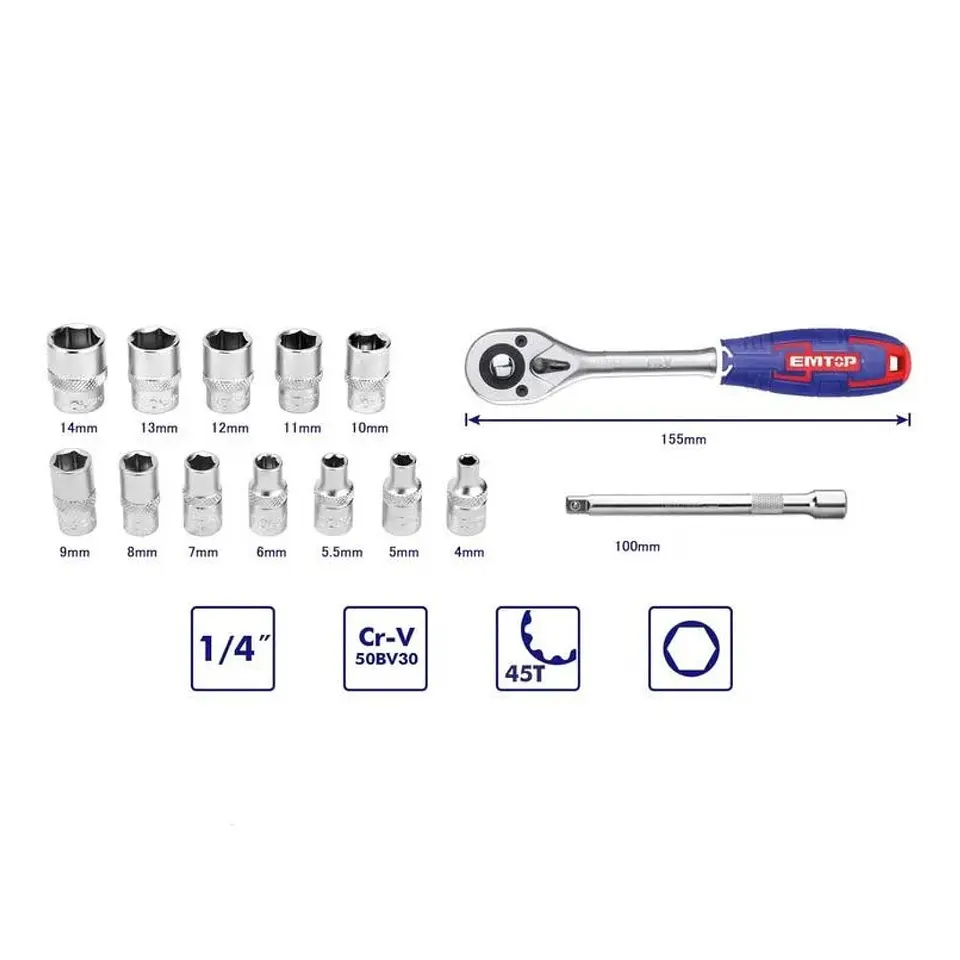 Kit de 14 Piezas Set Dados Ratchet 1/4 45t EMTOP  3