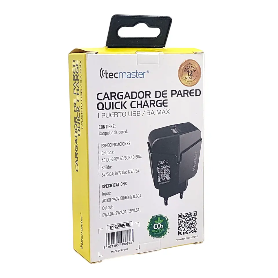 Cargador De Pared USB-A QC3.0 3.A Tecmaster Negro 4