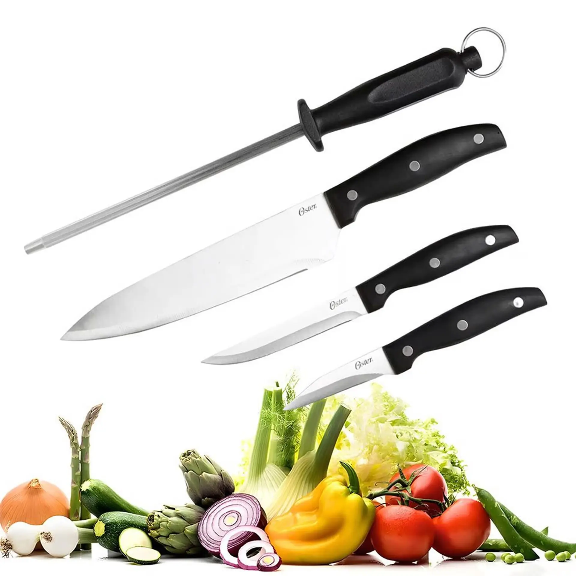 Set de 3 Cuchillos 1 Afilador de Acero Oster Triple Remache 4
