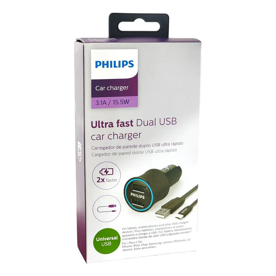 Cargador auto USB Doble con cable USB a Micro USB Philips 2
