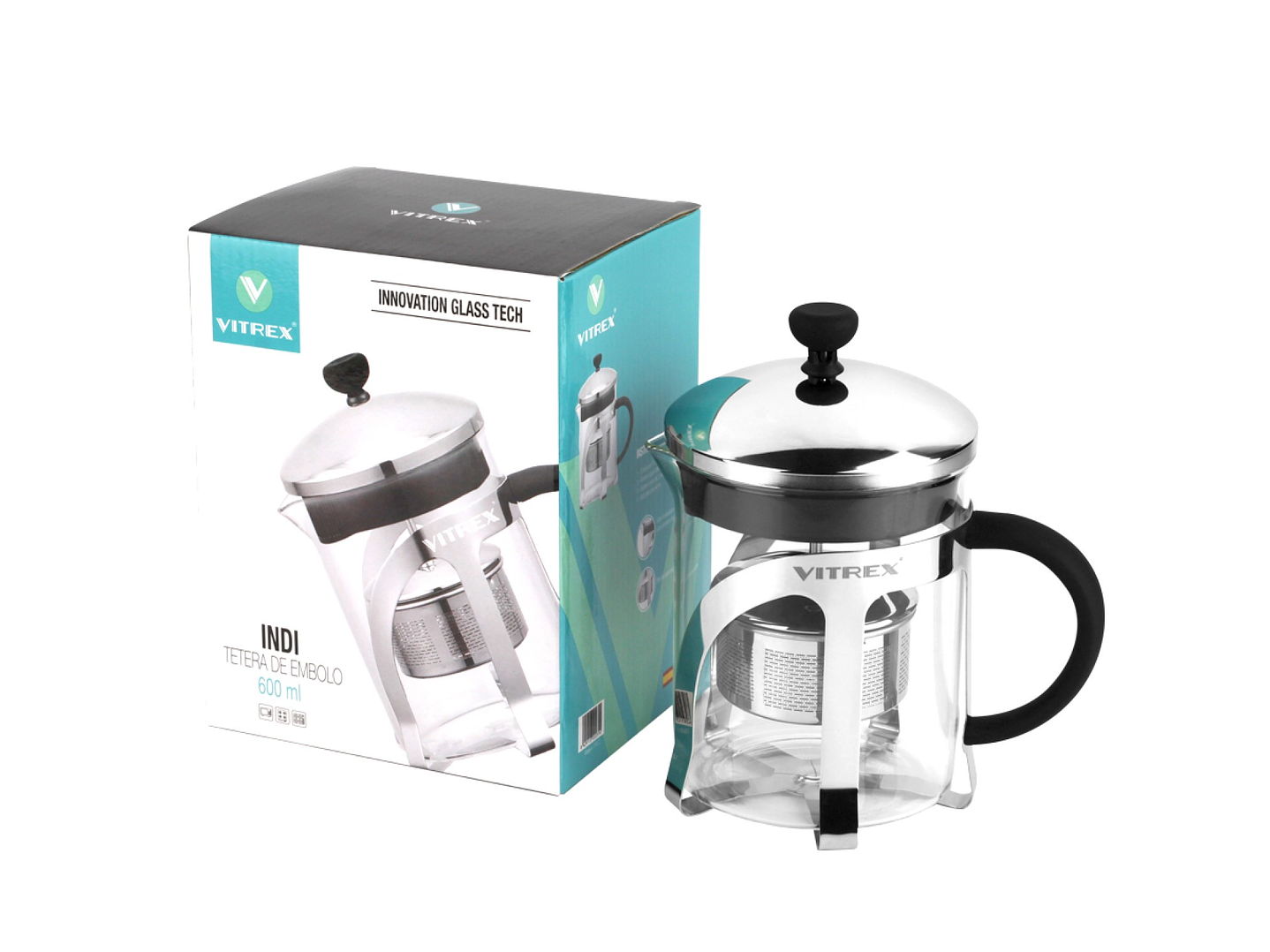 Tetera Embolo de vidrio con filtro 600 ml Indi Vitrex 4