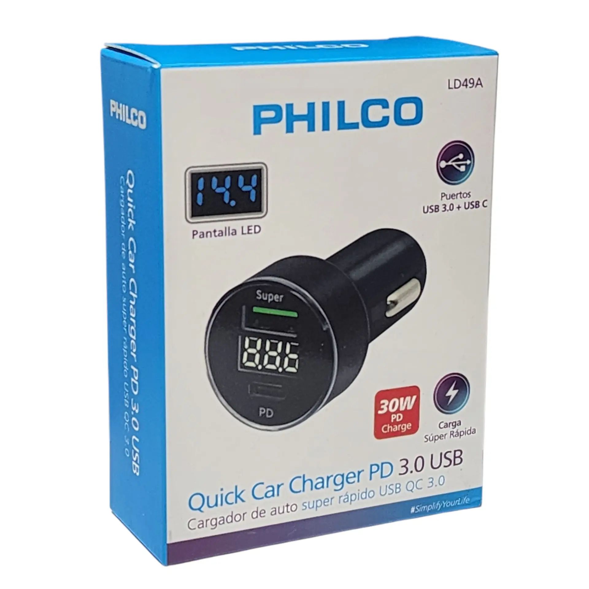 Cargador de Auto USB 3.0 + USB-C Pantalla LED LD49A Philco 6
