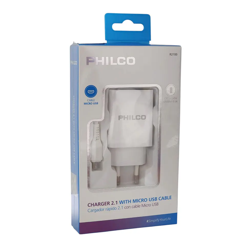 Cargador Rápido 2.1A Doble USB + Cable Micro USB Philco  3