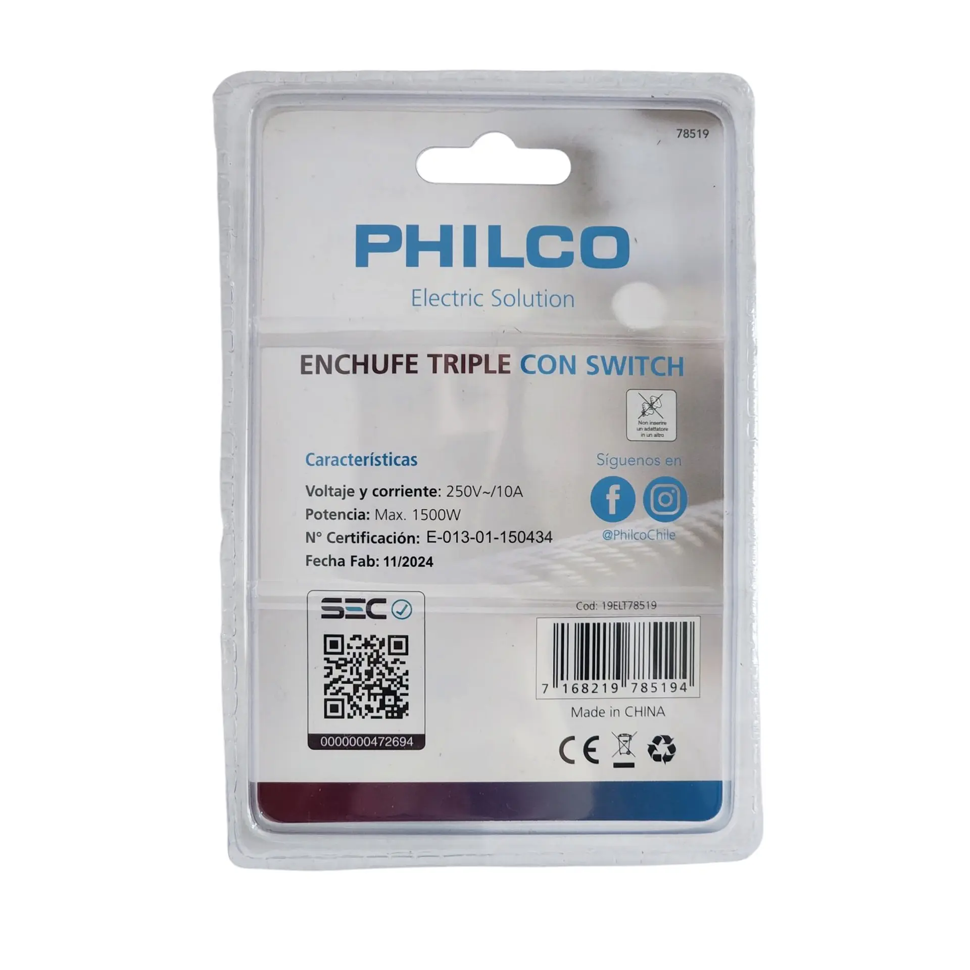 Enchufe Triple Philco 250V 10A con Switch 3 Tomas 78519 4