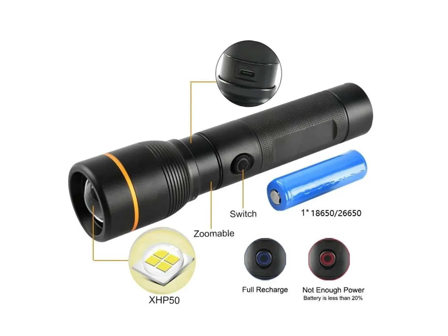 Linterna LED Táctica 1600lm Recargable LB-FL8032 Macrotel 4