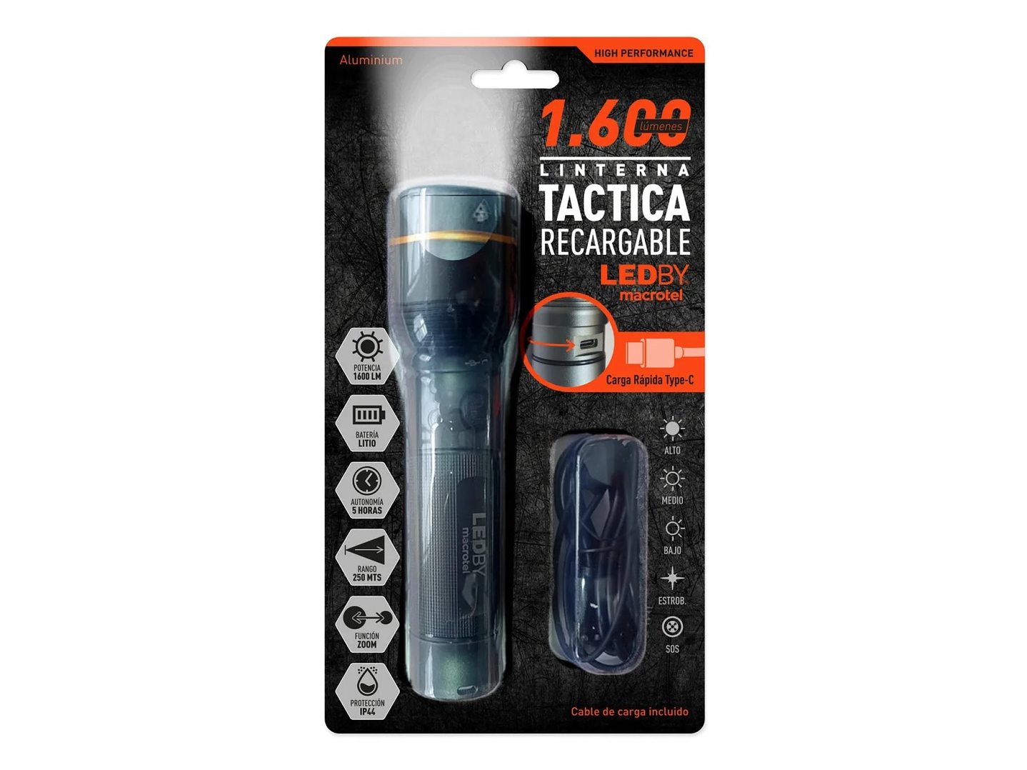 Linterna LED Táctica 1600lm Recargable LB-FL8032 Macrotel 6
