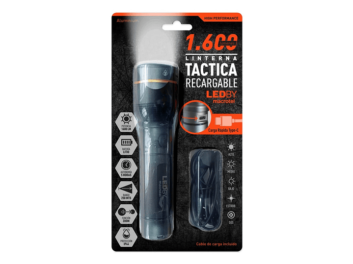 Linterna LED Táctica 1600lm Recargable LB-FL8032 Macrotel 6
