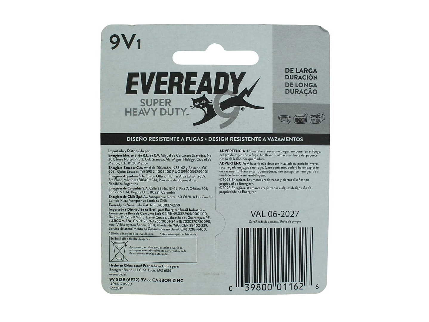 Batería Pila 9V Carbón Zinc Super Heavy Duty Eveready 4