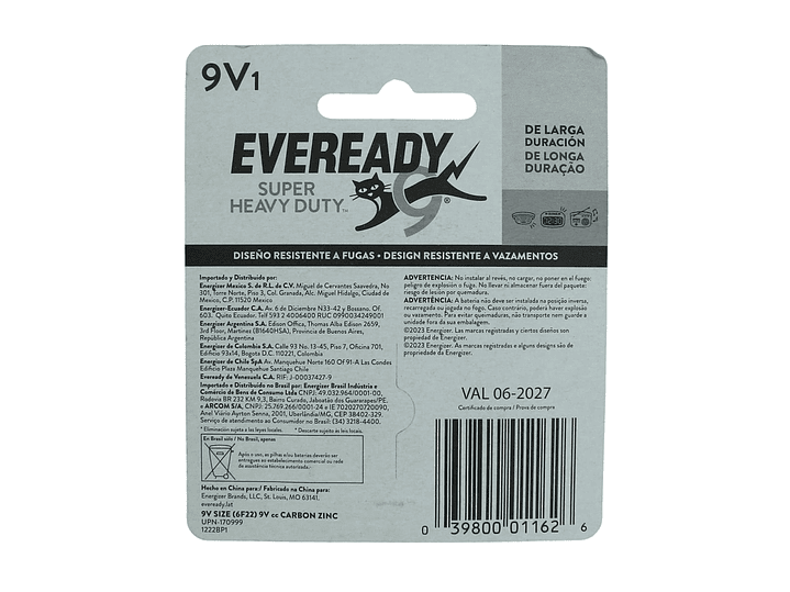 Batería Pila 9V Carbón Zinc Super Heavy Duty Eveready 4