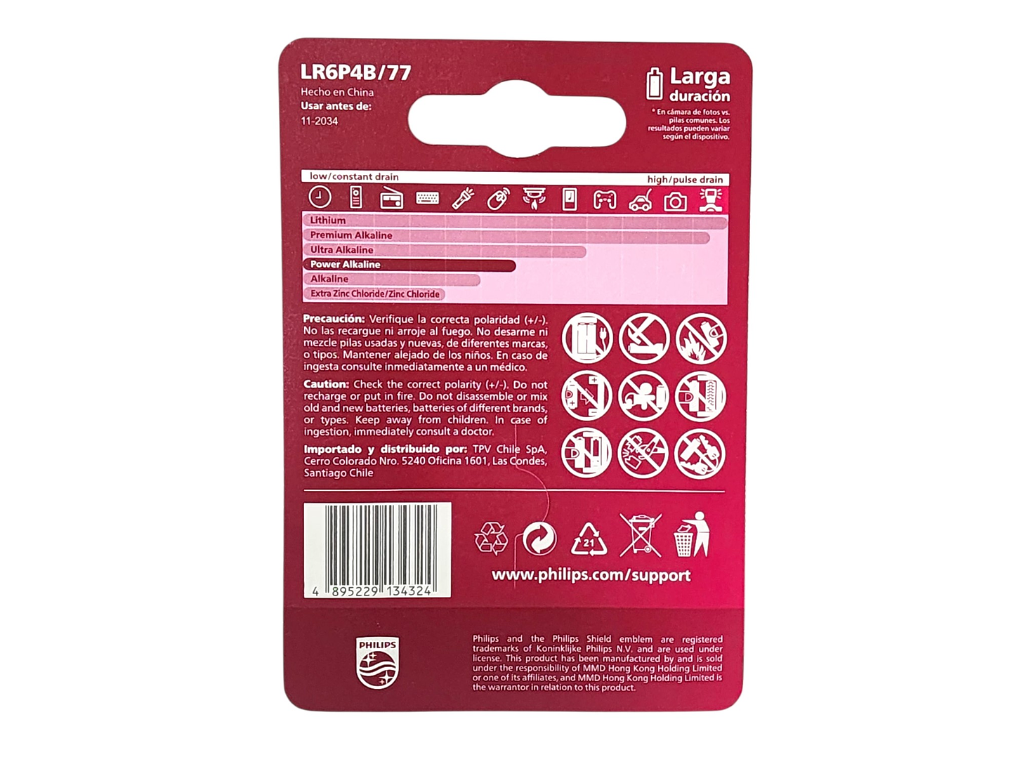 Pack 4 Pilas AA (Doble A) Alcalinas LR6P4B Philips 7