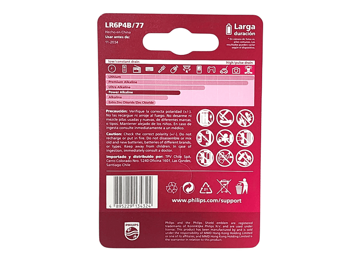 Pack 4 Pilas AA (Doble A) Alcalinas LR6P4B Philips 7