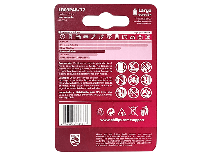 Pack 4 Pilas AAA (Triple A) Alcalinas LR03P4B Philips 7