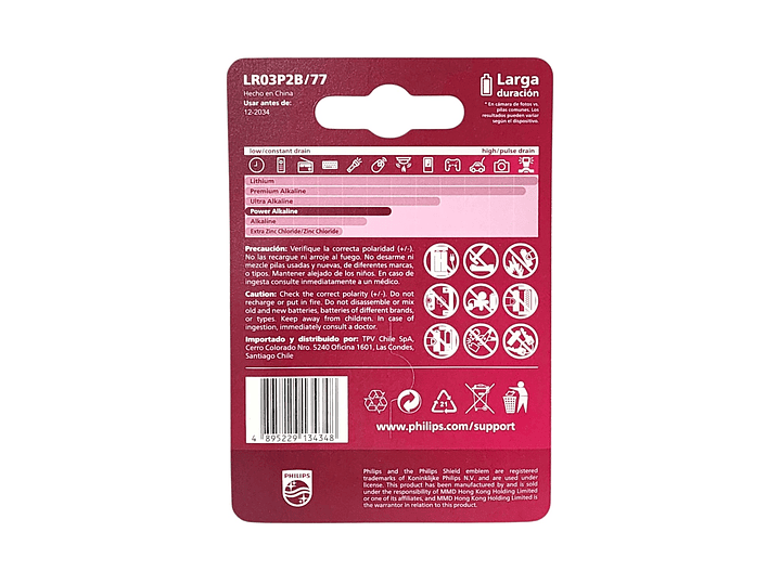 Pack 2 Pilas AAA (Triple A) Alcalinas LR03P2B Philips 7