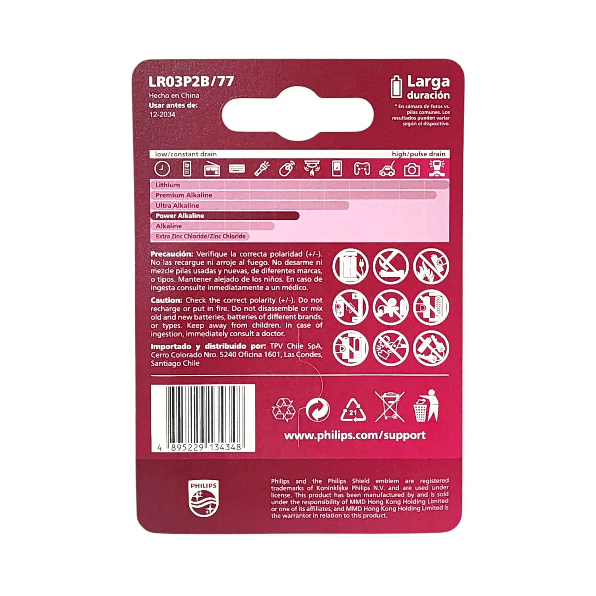 Pack 2 Pilas AAA (Triple A) Alcalinas LR03P2B Philips 7