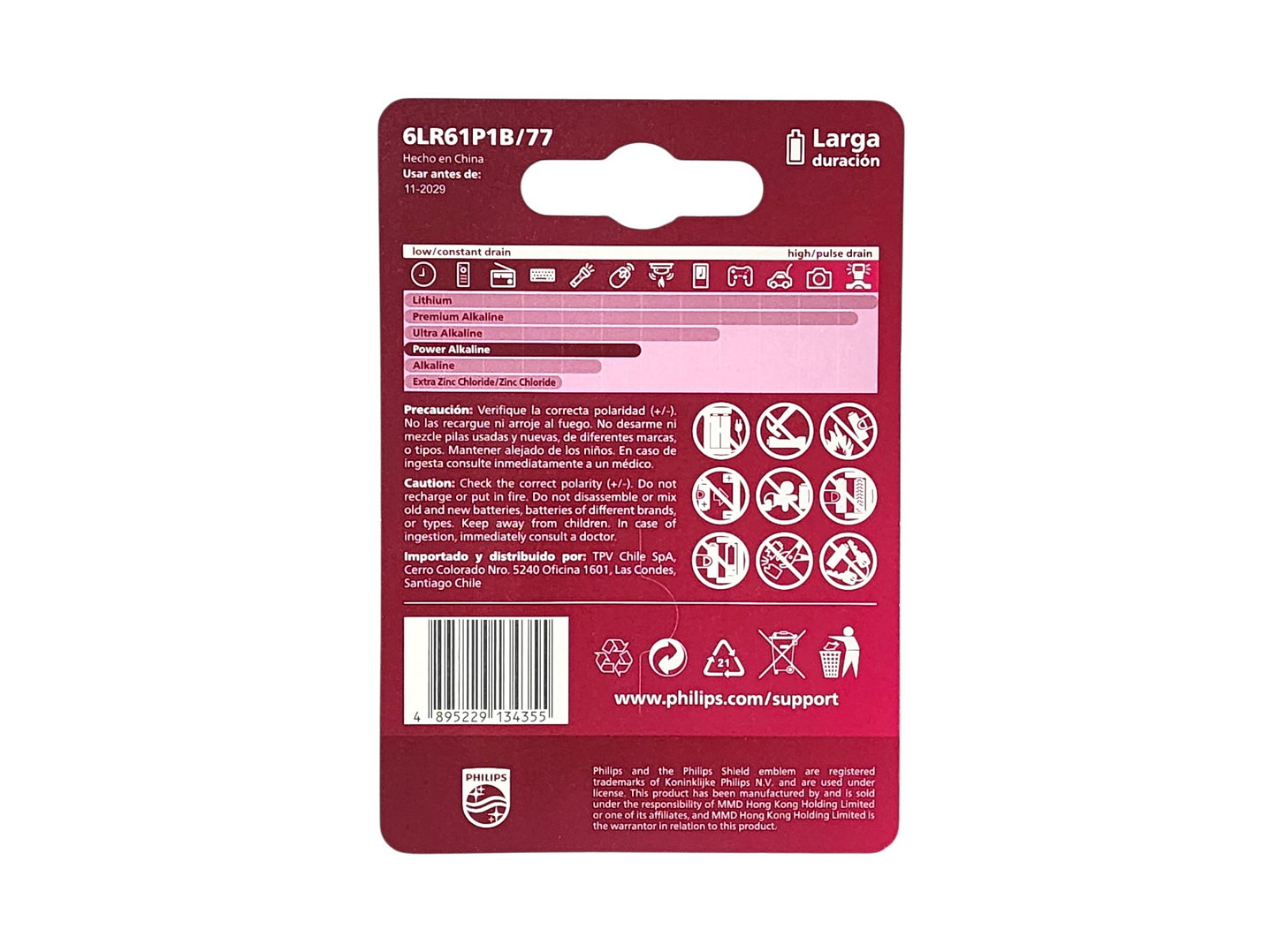Batería Pila 9v Rectangular 6LR61P1B Alcalina Philips 6