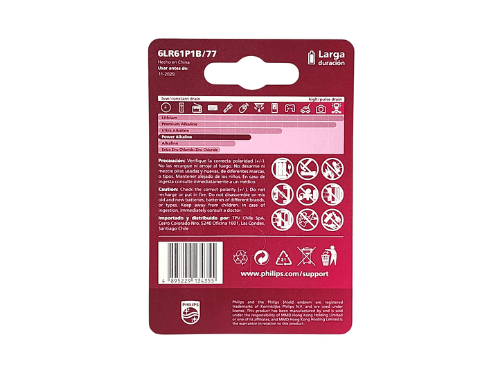 Batería Pila 9v Rectangular 6LR61P1B Alcalina Philips 6