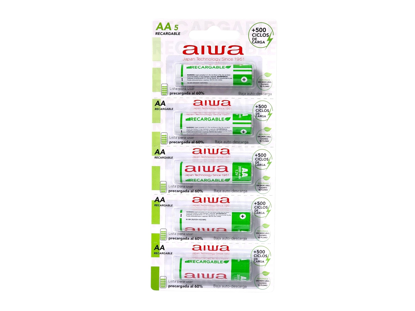 Pack 5 Pilas Recargables AA (Doble A) Aiwa 1.2v 2000mah 1