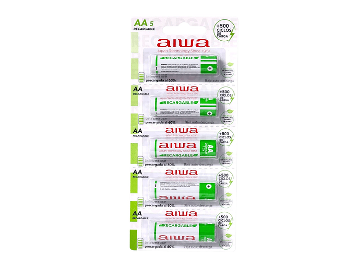 Pack 5 Pilas Recargables AA (Doble A) Aiwa 1.2v 2000mah 1