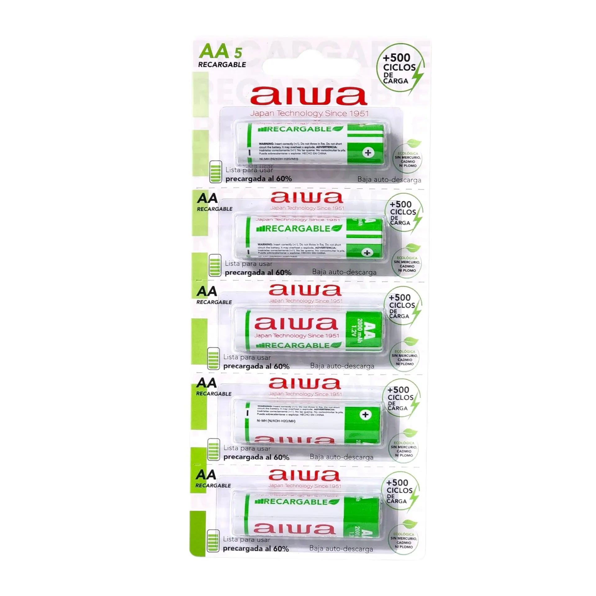 Pack 5 Pilas Recargables AA (Doble A) Aiwa 1.2v 2000mah 1