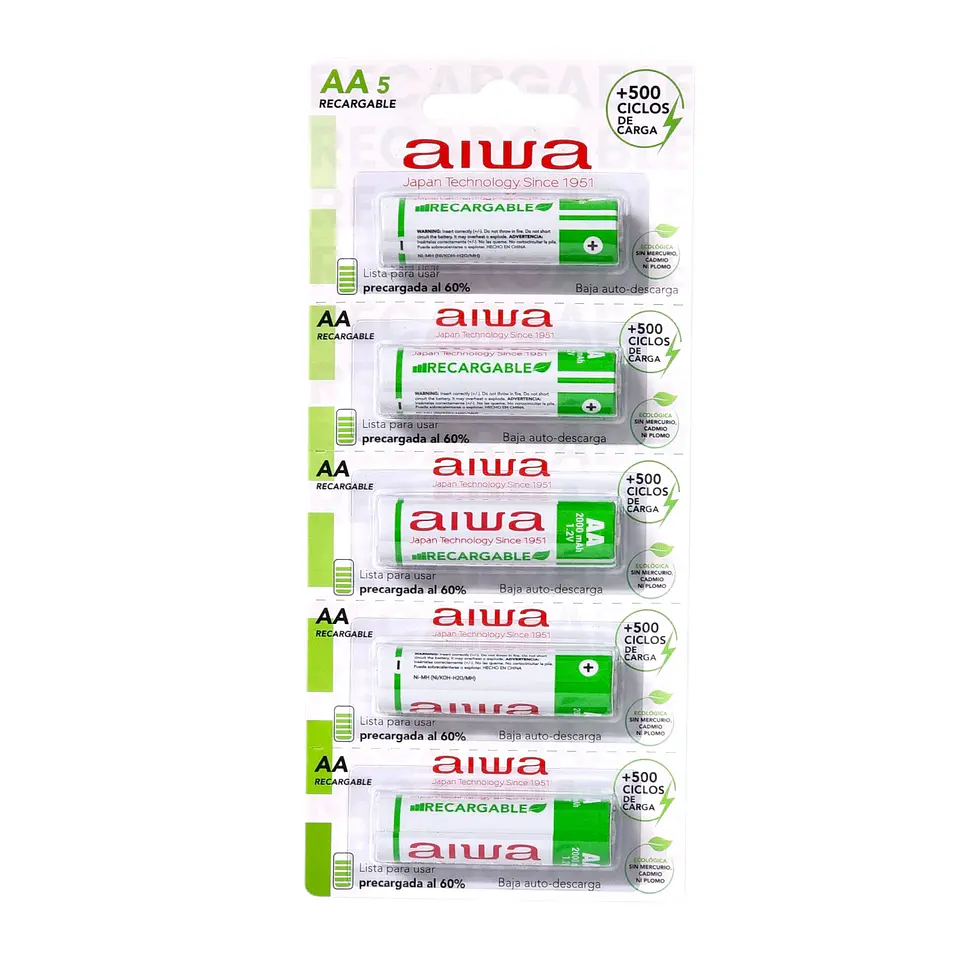 Pack 5 Pilas Recargables AA (Doble A) Aiwa 1.2v 2000mah 1
