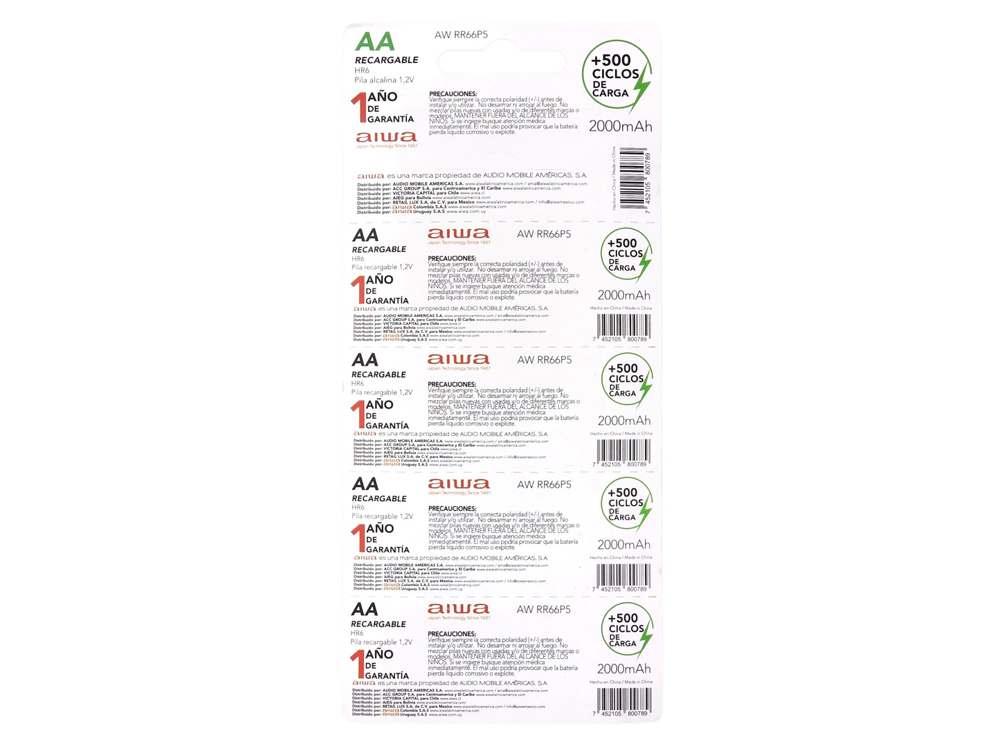 Pack 5 Pilas Recargables AA (Doble A) Aiwa 1.2v 2000mah 4